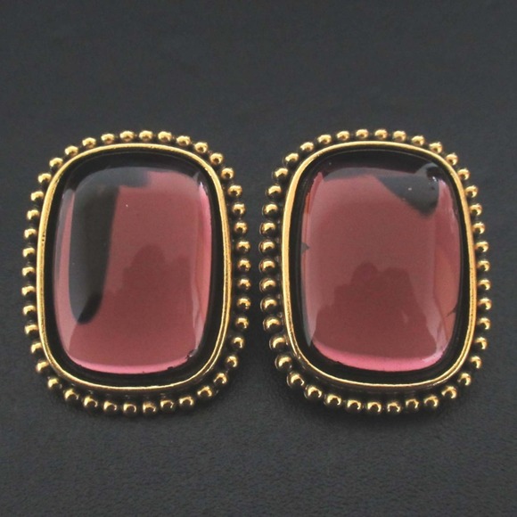 YVES SAINT LAURENT Vintage Color Stone Clip Earrings Gold and Purple Women's